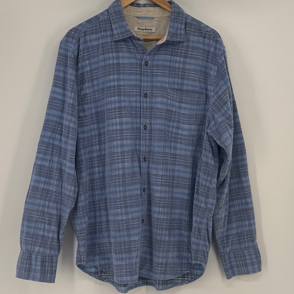 Tommy Bahama Mens L Blue Plaid Textured 100% Cotton Long Sleeve Button Down